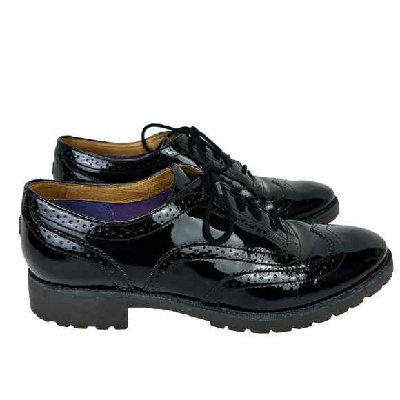 Sperry Top Side Black Patent Leather Wingtip Oxfords Lace Up Shiny Shoes Women 8 - Picture 1 of 12